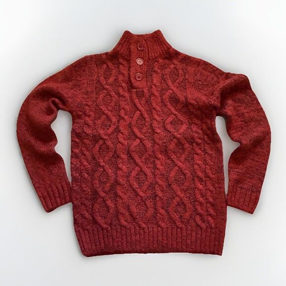 Fisherman Cable Knit Sweater Mens L Chunky 1/4 Button Mock Neck - Picture 2 of 9